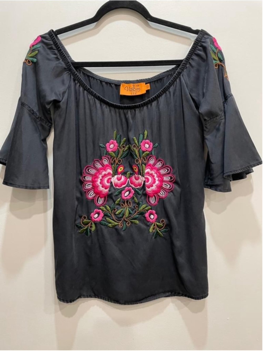 Voom by Joy Han Vintage Silk Floral Embroidered Off Shoulder Top XS Retro Boho